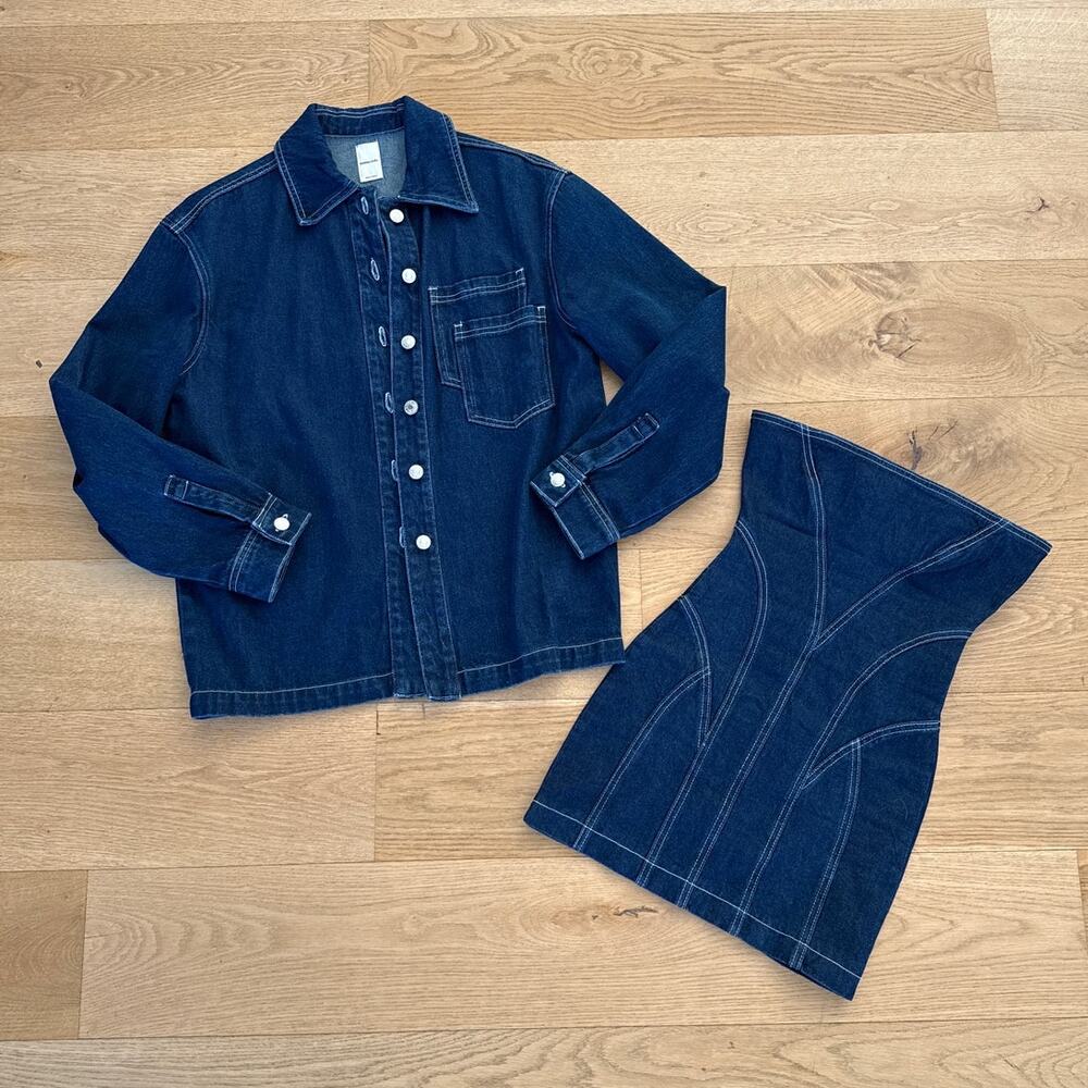 Mistress Rocks - Strapless Denim Mini Dress & Oversized Denim Shirt in Blue